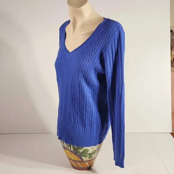 Tommy Hilfiger 100% cotton large blue sweater cable knit v neck - Picture 2 of 5
